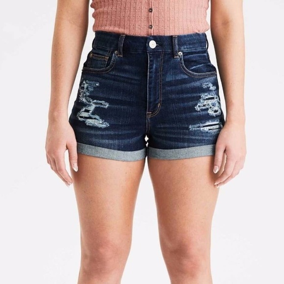 American Eagle Dark Wash Distressed Denim Shorts - Curvy Hi-Rise Shortie - Picture 1 of 8